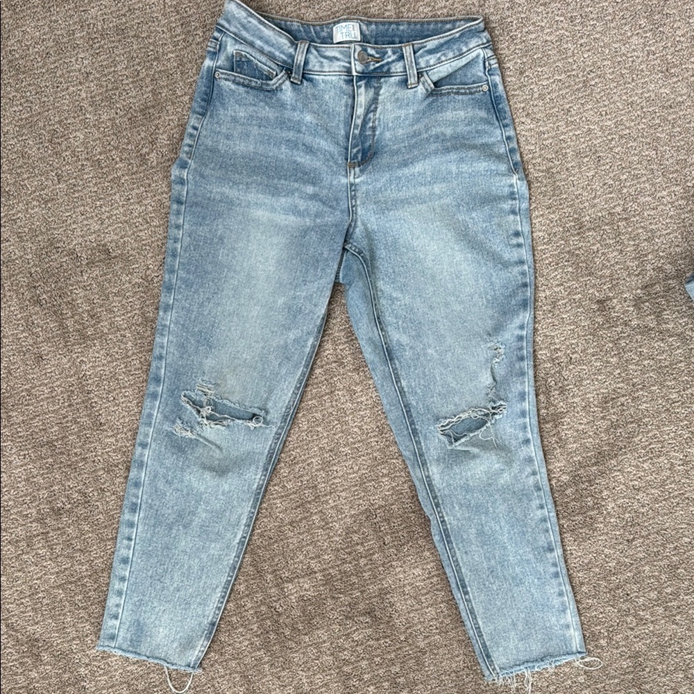 Time and Tru Blue Ankle Cropped Jeans with Distressed Knees